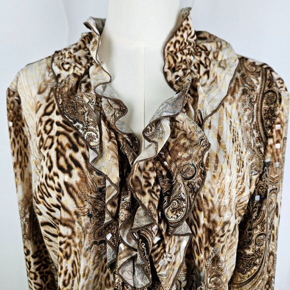 Clara Sunwoo Leopard Ruffle Blouse Long Sleeve Zip Sequin Large Mob Wife - Picture 2 of 8